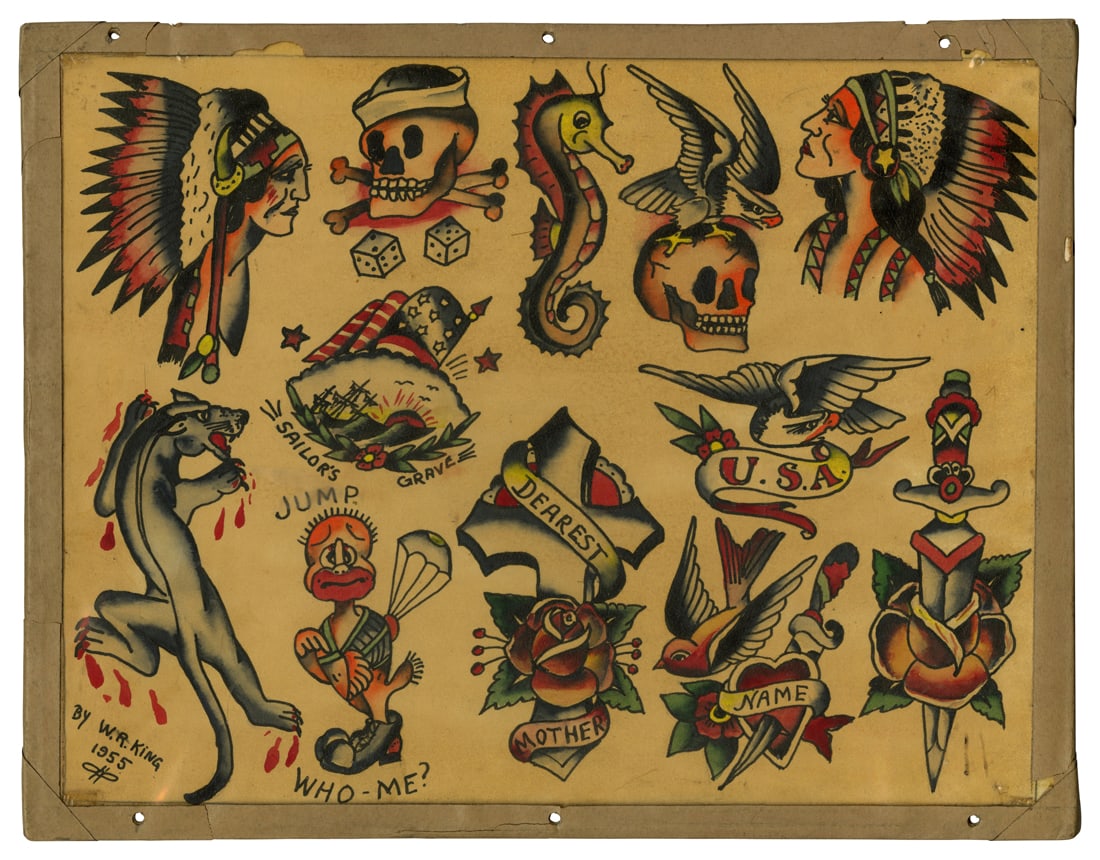 Indian Chiefs and Other Traditional Tattoo Designs by W.R. King (Kentucky, 1955) 11 1/4 x 14 1/4 in. (1 of 2)