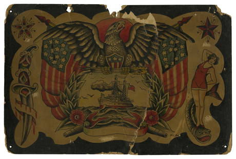 American Eagle and US Navy Battleship Tattoo Design by Harry "Buckie" Buchanan (Philadelphia, ca.: American Eagle and US Navy Battleship Tattoo Design by Harry "Buckie" Buchanan(Philadelphia, ca. 1925)Hand-painted tattoo flash by Harry Charles "Buckie" Buchanan (1869-1939), Phil