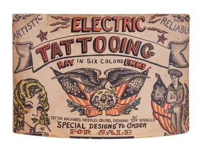Electric Tattooing Flash Sign by Ray Emms (Buffalo, ca. 1935) 9 1/4 x 14 in. (23.5 x 35.6 cm.),