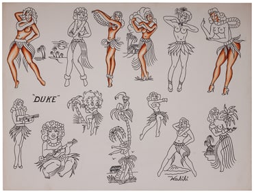Hawaiian Pin-up Girl Tattoo Designs by "Duke" Kaufman (California, ca. 1955) 18 x 23 1/2 in. (45.7 x