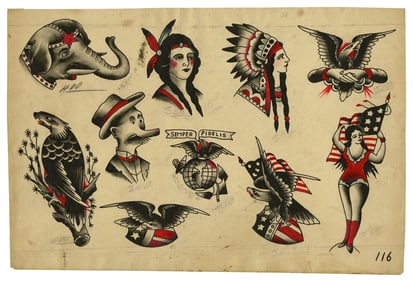 Elephant and Other Tattoo Designs by Percy Waters (Detroit, ca. 1935) 10 x 14 1/2 in. (25.4 x 36.8