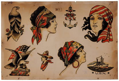 Lady Head Tattoo Designs by Ed Smith (Boston, ca. 1920) 12 x 17 3/4 in. (30.5 x 45.1 cm.)