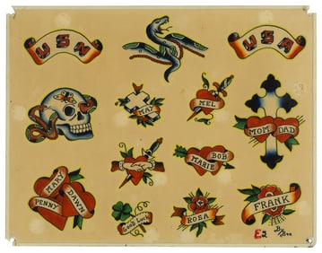 Hearts and US Navy Tattoo Designs by "Painless Bee" Horton (Tacoma, ca. 1957) 11 1/2 x 14 1/2 in.