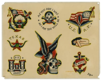 US Air Force and Other Tattoo Designs by "Painless Bee" Horton (Tacoma, ca. 1957) 11 1/2 x 14 1/2