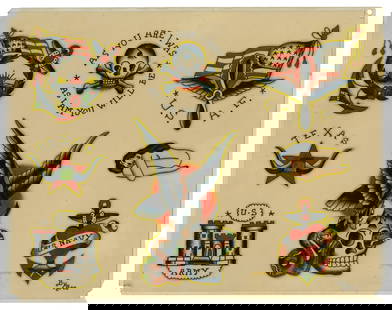 US Air Force and Other Tattoo Designs by "Painless Bee" Horton (Tacoma, ca. 1957) 11 1/2 x 14 1/2: US Air Force and Other Tattoo Designs by &quot;Painless Bee&quot; Horton(Tacoma, ca. 1957)Hand-painted tattoo flash by &quot;Painless Bee&quot; Horton, wife of tattoo artist Edward D. Horton (1899-198