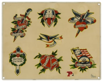 "Sailors Grave" and Other Tattoo Designs by "Painless Bee" Horton (Tacoma, ca. 1957) 11 1/2 x 14 1/2