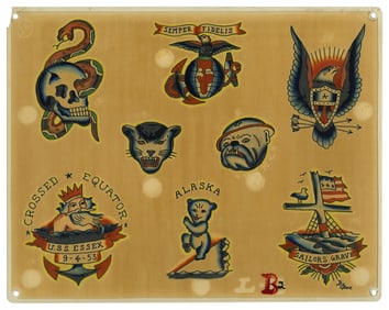 "Semper Fidelis" and Other Tattoo Designs by "Painless Bee" Horton (Tacoma, ca. 1953) 11 1/2 x 14