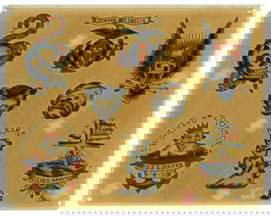 "Semper Fidelis" and Other Tattoo Designs by "Painless Bee" Horton (Tacoma, ca. 1953) 11 1/2 x 14: &quot;Semper Fidelis&quot; and Other Tattoo Designs by &quot;Painless Bee&quot; Horton(Tacoma, ca. 1953)Hand-painted tattoo flash by &quot;Painless Bee&quot; Horton, wife of tattoo artist Edward D. Ho