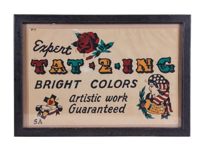 Expert Tattooing Flash Sign (America, ca. 1950) 9 x 13 3/4 in. (22.9 x 34.9 cm.), Frame: 11 1/4 x 16
