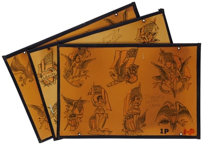 Three Sheets of Tradition Designs by "Tattoo Charlie" Geizer (Baltimore, ca. 1945) 10 x 15 in. (25.4