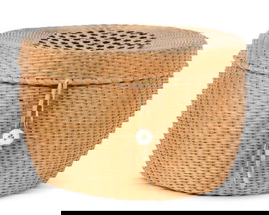 Shaker Fancy Hexagon "Cap" Basket (ca. 1860) 4 x 6 1/4 in. (10.2 x 15.9 cm.): Shaker Fancy Hexagon "Cap" Basket(ca. 1860)Shaker "cap" basket with partially open hexagon weave on top and bottom, ca. 1860. With button clasp and cotton closure ribbon. Ash splint with round base an