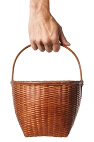 Early and Rare Leather Lined Shaker Tobacco Basket (New Lebanon, New York, ca. 1800) 11 x 7 1/2 x 8