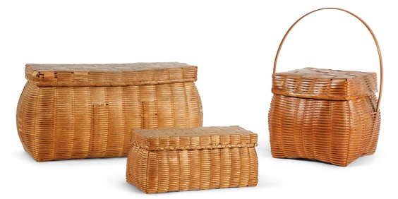 Three Fancy Shaker Box Baskets (New York or Massachusetts, ca. 1875) Basket with handle: 7 x 5 1/2 x