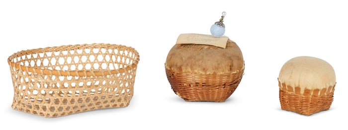 Three Shaker Smalls (19th century) Small pin cushion: 1 3/4 x 1 3/4 in. (4.4 x 4.4 cm.), Hexagon