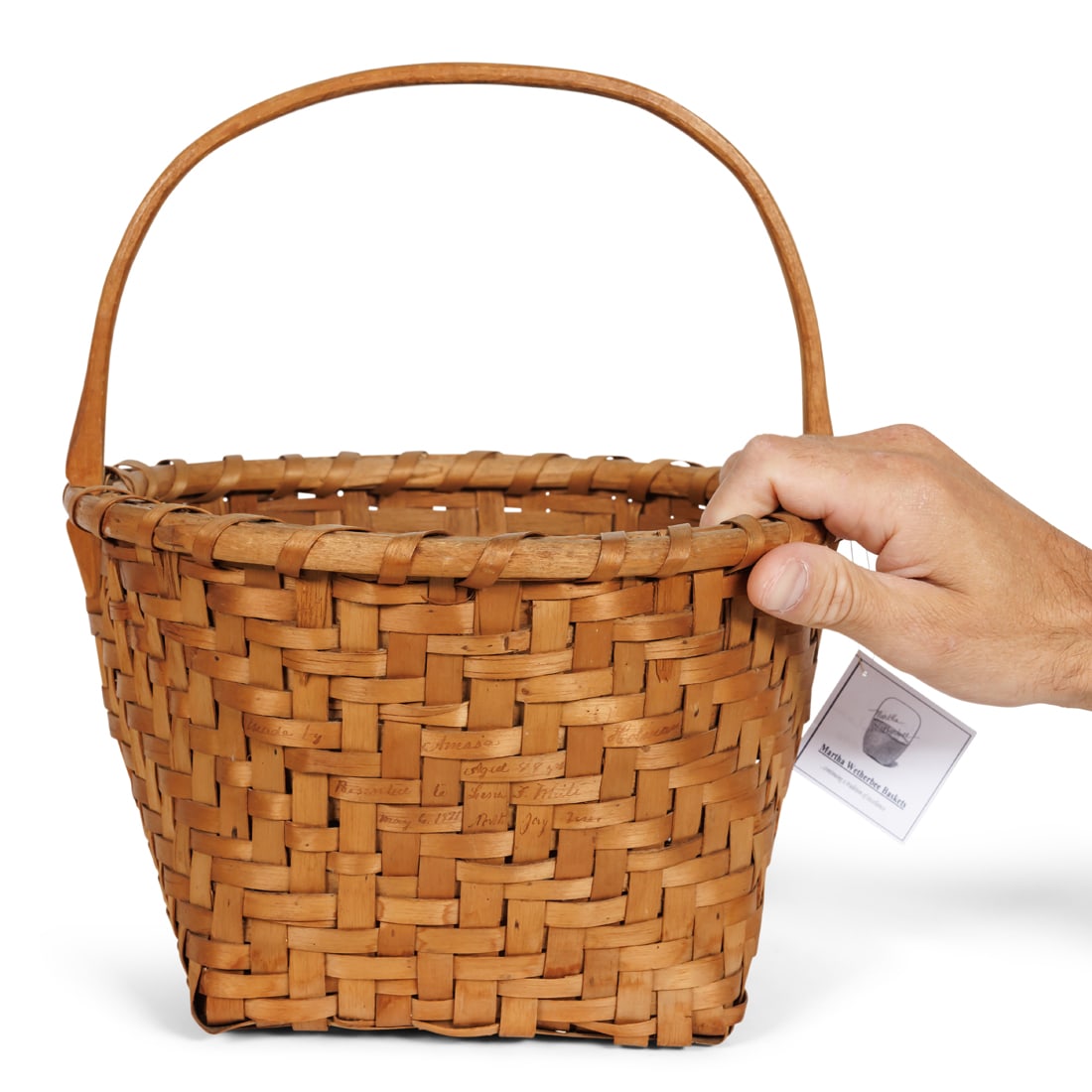 Maine Presentation Basket by Amasa Holman (Dixfield, Maine, 1891) 12 x 10 1/4 in. (30.5 x 26 cm.): Maine Presentation Basket by Amasa Holman(Dixfield, Maine, 1891)Heavily inscribed basket by Amasa Holman (1803-1892), Dixfield, Maine, 1891. Written on front "Made by Amasa Holman / Aged 88 yrs / Pres