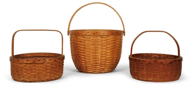 Three Baskets by Ben Higgins (Chesterfield, Massachusetts, ca. 1940) Swing handle basket: 10 1/2 x