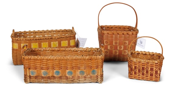 Four Potato Print Baskets by Martha Wetherbee (New Hampshire, ca. 1975) Largest: 9 x 6 x 6 in. (22.9