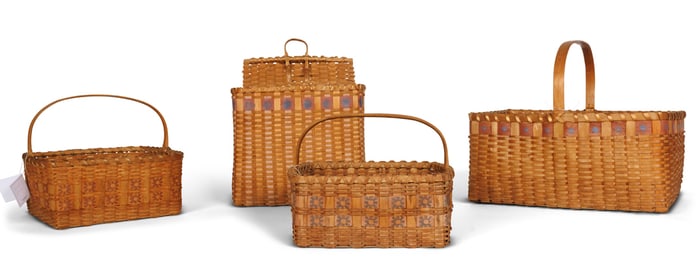 Four Potato Print Baskets by Martha Wetherbee (New Hampshire, ca. 1975) Largest: 12 x 10 1/2 x 13