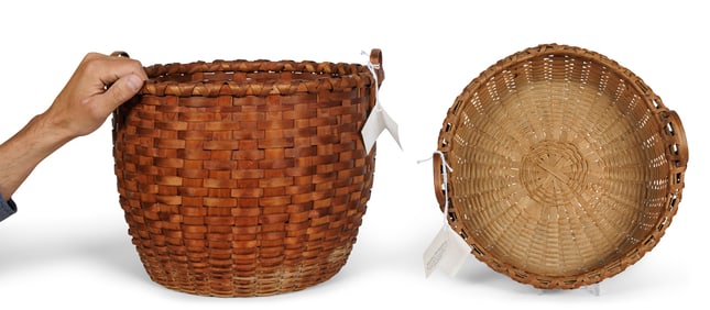 Maine Farm Basket and Gathering Basket by Albra Lord (Lovell, Maine, ca. 1930) Farm basket: 11 x 13