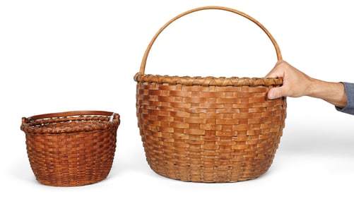 Sebago Lake "Lodge Basket" and Swing Handle Basket by Albra Lord (Lovell, Maine, ca. 1920) Larger: