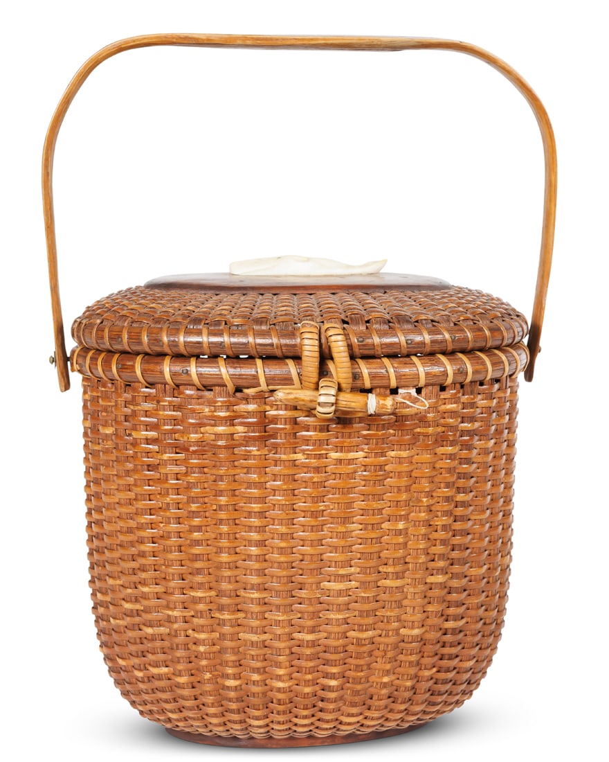 Nantucket Friendship Basket by Jose Formoso Reyes (Nantucket, Massachusetts, ca. 1950) 10 x 5 1/2 x: Nantucket Friendship Basket by Jose Formoso Reyes(Nantucket, Massachusetts, ca. 1950)Oval basket with swing handle by Jose Formosa Reyes (1902-1980), Nantucket, Massachusetts, ca. 1955. Lid with scrim