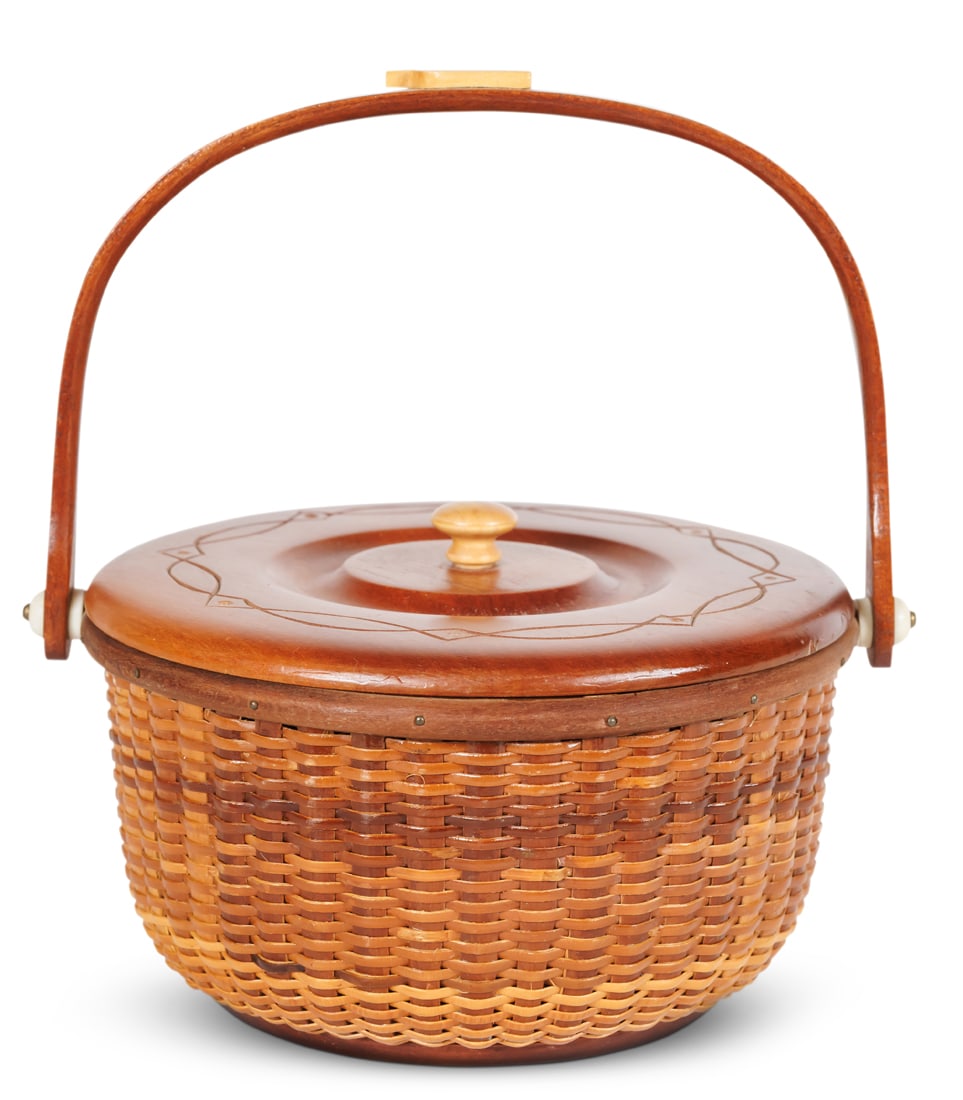 Nantucket "Whaler" Basket Prototype by Martha Wetherbee (ca. 2004) Handle down: 3.2 x 6 1/4 in. (8.3: Nantucket "Whaler" Basket Prototype by Martha Wetherbee(ca. 2004)Small Nantucket lidded "Whaler" basket by Martha Wetherbee, New Hampshire, ca. 2004. With wood whale decoration. Signed on underside "W