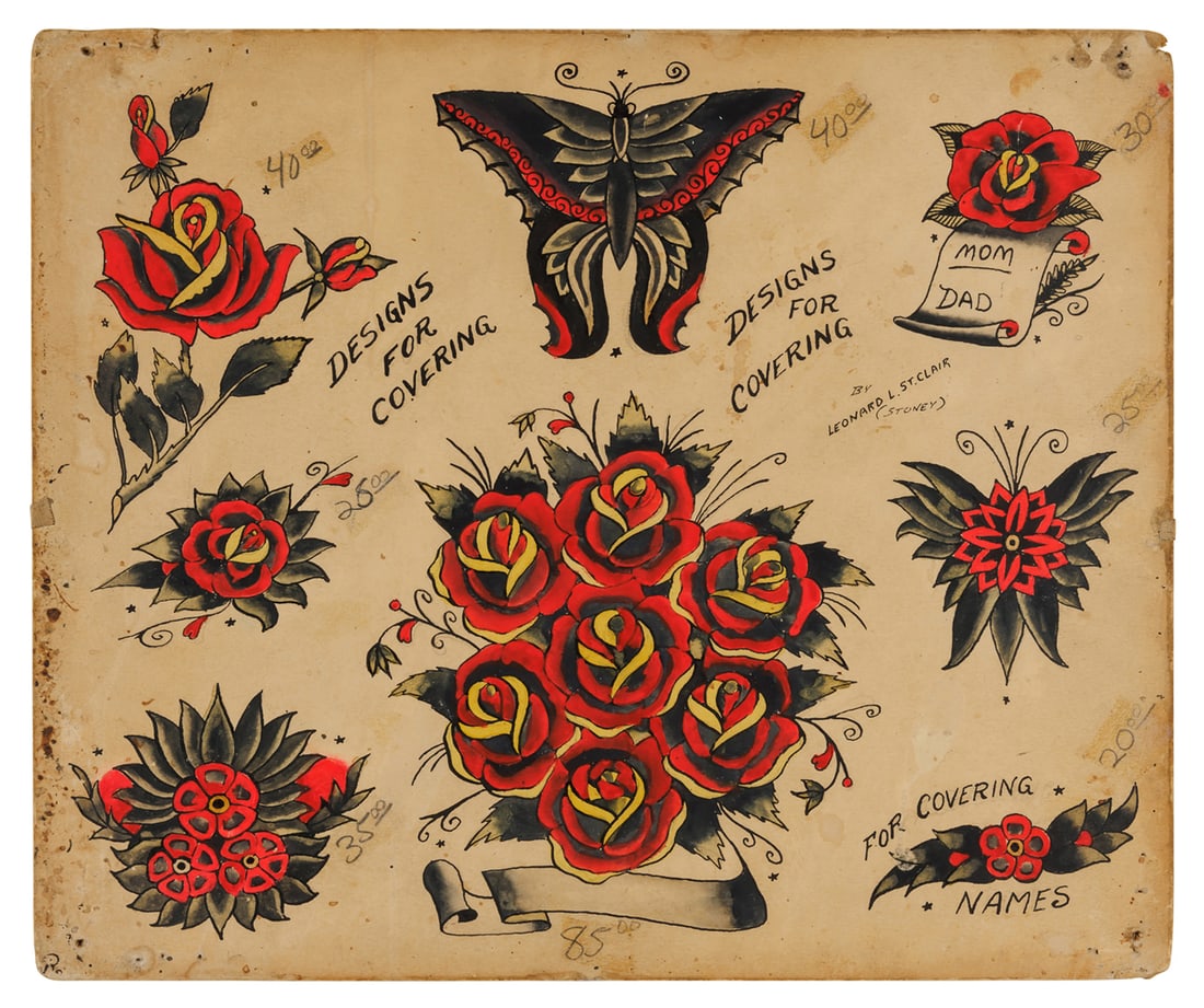 Roses and Butterfly Tattoo Designs by "Stoney" St. Clair (Tampa, Florida, 1961) 10 x 12 in. (25.4 x