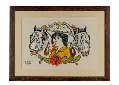 Cowgirl Tattoo Design by Earl Brown or Bob Shaw (Biloxi, Mississippi, ca. 1950) Sight: 9 x 13 1/2