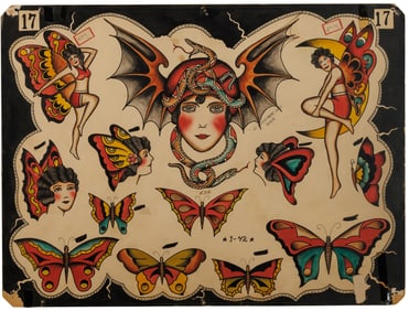 Winged Lady Heads and Other Tattoo Designs by Danny Danzl (Seattle, 1942) 15 x 20 in. (38.1 x 50.8