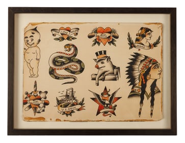 Pig with Top Hat and Other Tattoo Designs by "Denver" Ed Smith (New York City, ca. 1935) 10 x 13 1/4