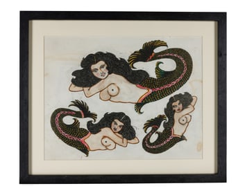 Mermaids and Bull Tattoo Designs by "Rosie" Camanga, Outsider Art (Honolulu, ca. 1960) Sight: 10 1/2