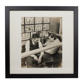 Large Press Photograph of Tattoo Artist "Dainty Dotty" (Detroit or Los Angeles, ca. 1945) Sight: 9