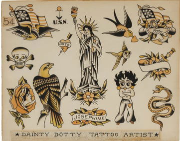 Statue of Liberty and Other Tattoo Designs by "Dainty Dotty" Jensen (Detroit or Los Angeles, ca.