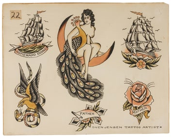 Peacock Pin-Up and Other Tattoo Designs by Owen Jensen (Detroit or Los Angeles, ca. 1945) 11 x 14