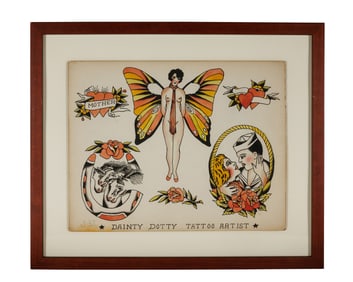 Butterfly Pin-Up and Other Tattoo Designs by "Dainty Dotty" Jensen (Los Angeles or Detroit, ca.