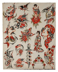 Large Sheet of Traditional American Tattoo Designs by Harry Lawson (Los Angeles, California, ca.