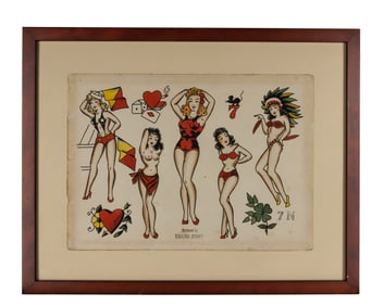 "Man Overboard" Pin-Up Tattoo Designs by "Sailor Jerry" Collins (Honolulu, ca. 1950) 10 1/4 x 14 1/4