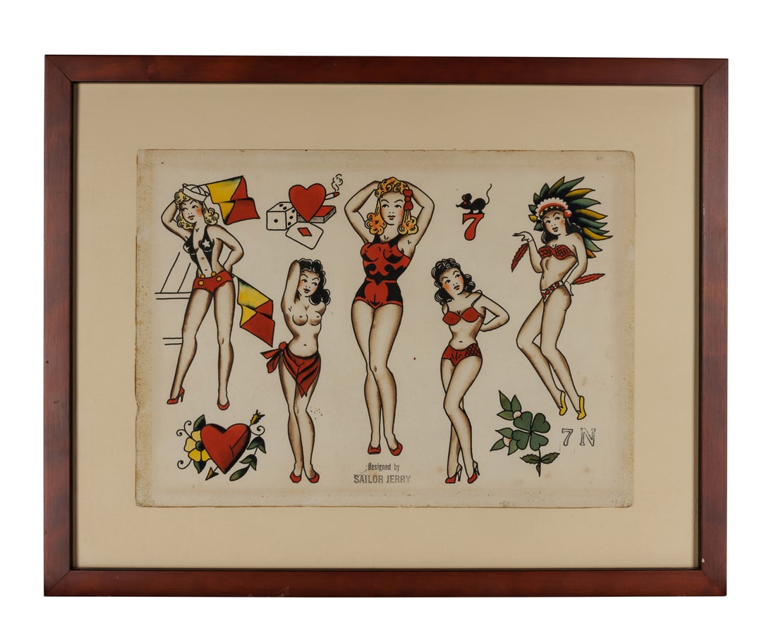 "Man Overboard" Pin-Up Tattoo Designs by "Sailor Jerry" Collins (Honolulu, ca. 1950) 10 1/4 x 14 1/4: "Man Overboard" Pin-Up Tattoo Designs by "Sailor Jerry" Collins(Honolulu, ca. 1950)Hand-painted tattoo flash by Norman Keith Collins (1911-1973), better known as "Sailor Jerry," Honolulu, Hawaii, ca.