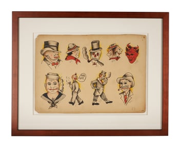 Happy Hooligan and Other Tattoo Designs by "Sailor" Hughie Bowen (America, ca. 1925) 9 3/4 x 13 3/4