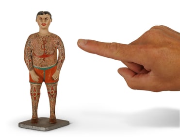 Carved Circus Model Figure of a Tattooed Man by Joe Taggart (Rockford, Illinois, ca. 1930) 5 3/4 in.