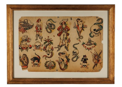 Philosophizing Monkey, Mermaids, Skulls, and Other Tattoo Designs (America, ca. 1930) 12 x 18 in.