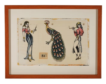Smoking Pin-ups and Peacock Tattoo Designs by Earl Brown (Biloxi, Mississippi, ca. 1950) 10 x 14 3/4