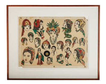 Lady Head Tattoo Designs by "Tex" Rowe (San Antonio, ca. 1948) 15 x 20 in. (38.1 x 50.8 cm.), Frame: