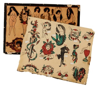 Nude Pin-Up and Black Panther Tattoo Designs (America, 1930-1940) Largest: 15 x 10 in. (38.1 x 25.4