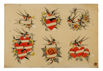 Heart and Swallow Tattoo Designs by Graham Townsend (England, ca. 1975) 10 3/4 x 15 3/4 in. (27.3 x