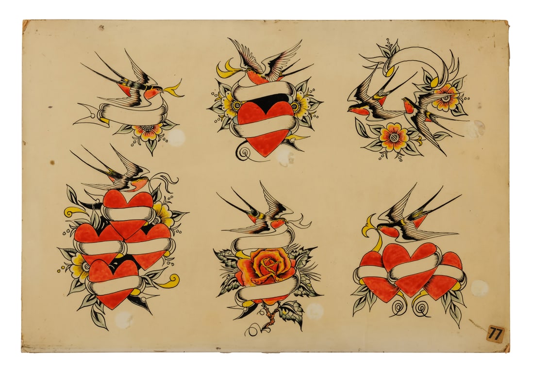 Heart and Swallow Tattoo Designs by Graham Townsend (England, ca. 1975) 10 3/4 x 15 3/4 in. (27.3 x: Heart and Swallow Tattoo Designs by Graham Townsend (England, ca. 1975) Hand-painted tattoo flash by Graham Townsend, England, ca. 1975. Ink and watercolor on Daler illustration board, contact paper c