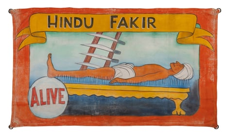 Hindu Fakir "Bed of Nails" Sideshow Banner (America, ca. 1950) 66 x 114 in. (167.6 x 289.6 cm.)