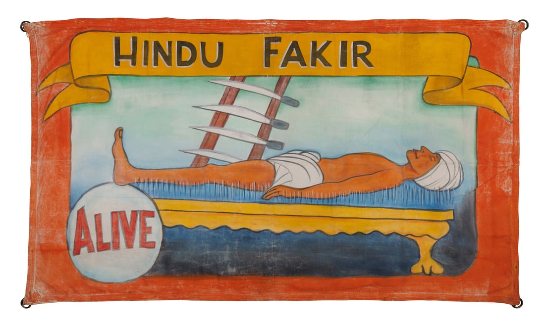 Hindu Fakir "Bed of Nails" Sideshow Banner (America, ca. 1950) 66 x 114 in. (167.6 x 289.6 cm.): Hindu Fakir "Bed of Nails" Sideshow Banner (America, ca. 1950) Hand-painted "Hindu Fakir" banner depicting a turbaned man, lying on a bed of nails with a rack of swords nearby, America, ca. 1950. Oil 