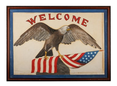Painted Folk Art American Eagle and Flag Welcome Banner (America, ca. 1900) Frame: 31 x 42 in. (78.7