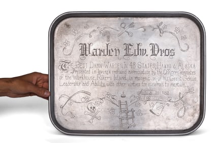 Engraved Presentation Tray from Rikers Island Prison Complex, Folk Art (New York, 1952) 17.7 x 14